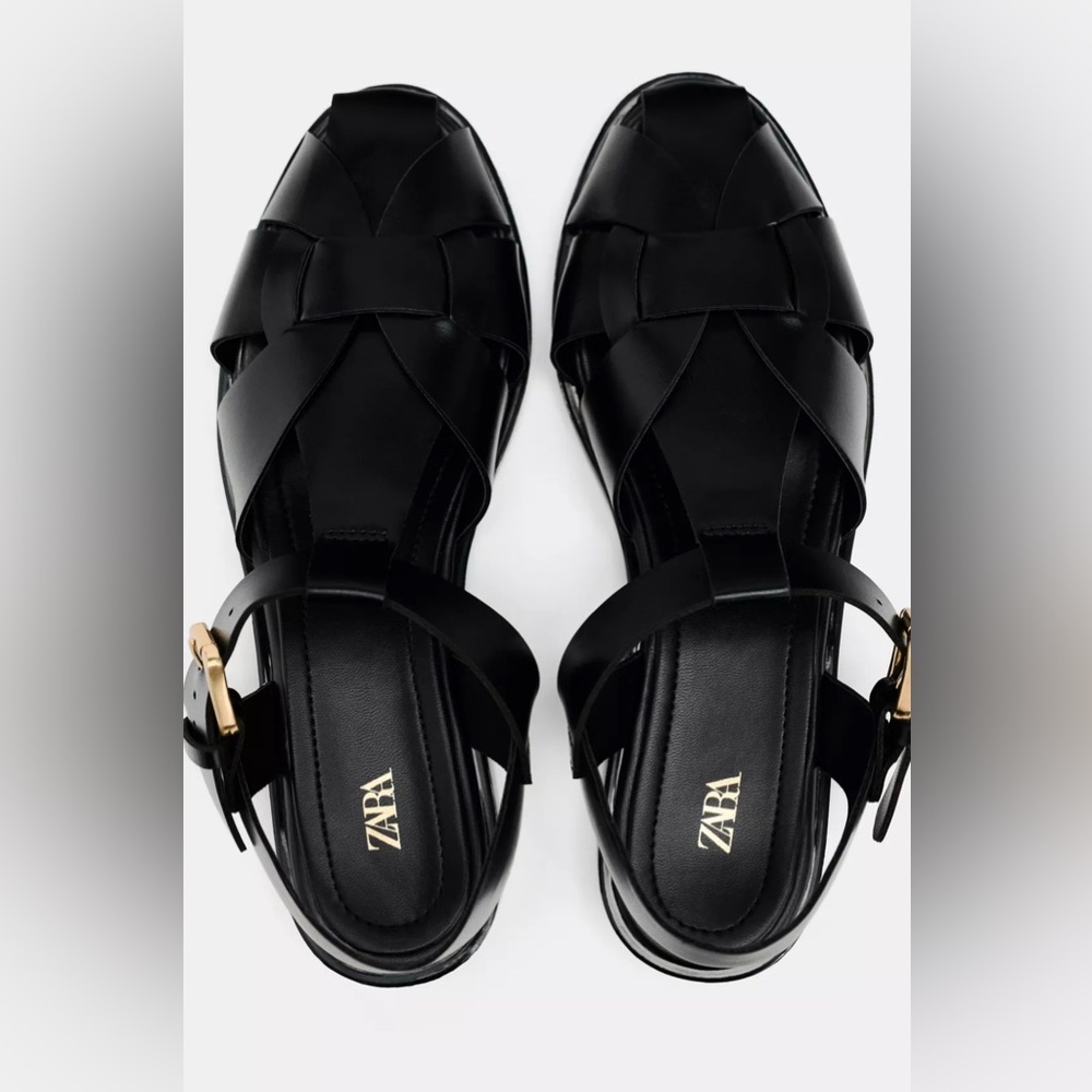 Zara Black Braided Leather Sandals with Gold Buckle